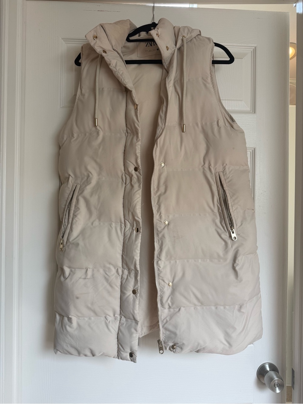 ZARA Light Cream Hooded Puffer Vest